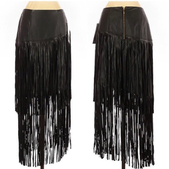 Kensie Faux Leather Black Fringe Midi Skirt S - Picture 2 of 5